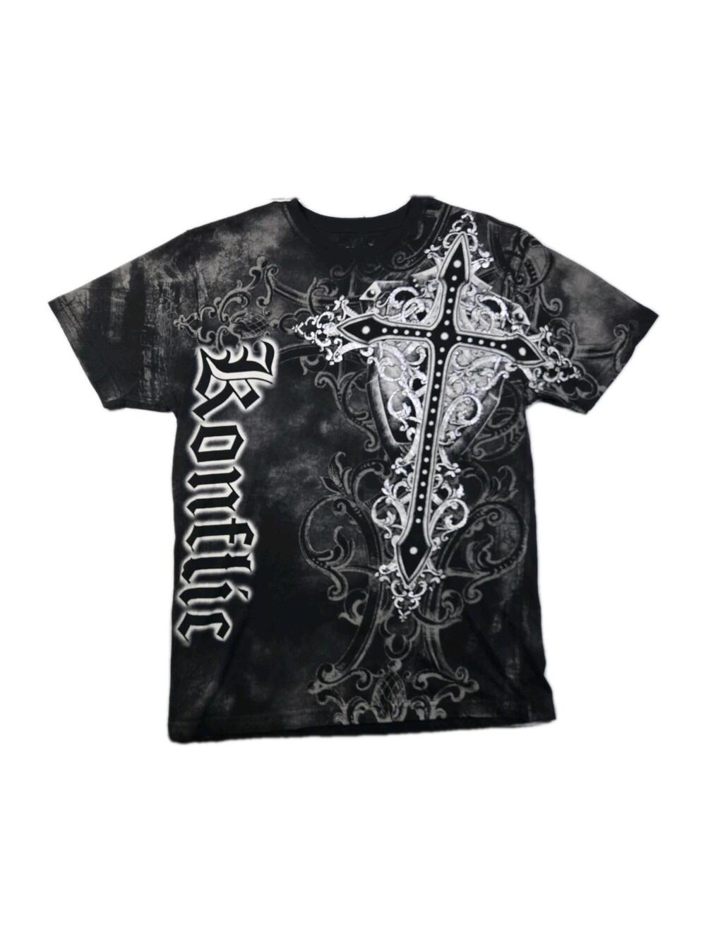 Konflic - Y2K Style Black Cross Tribal Graphic T-Shirt - Mens XL